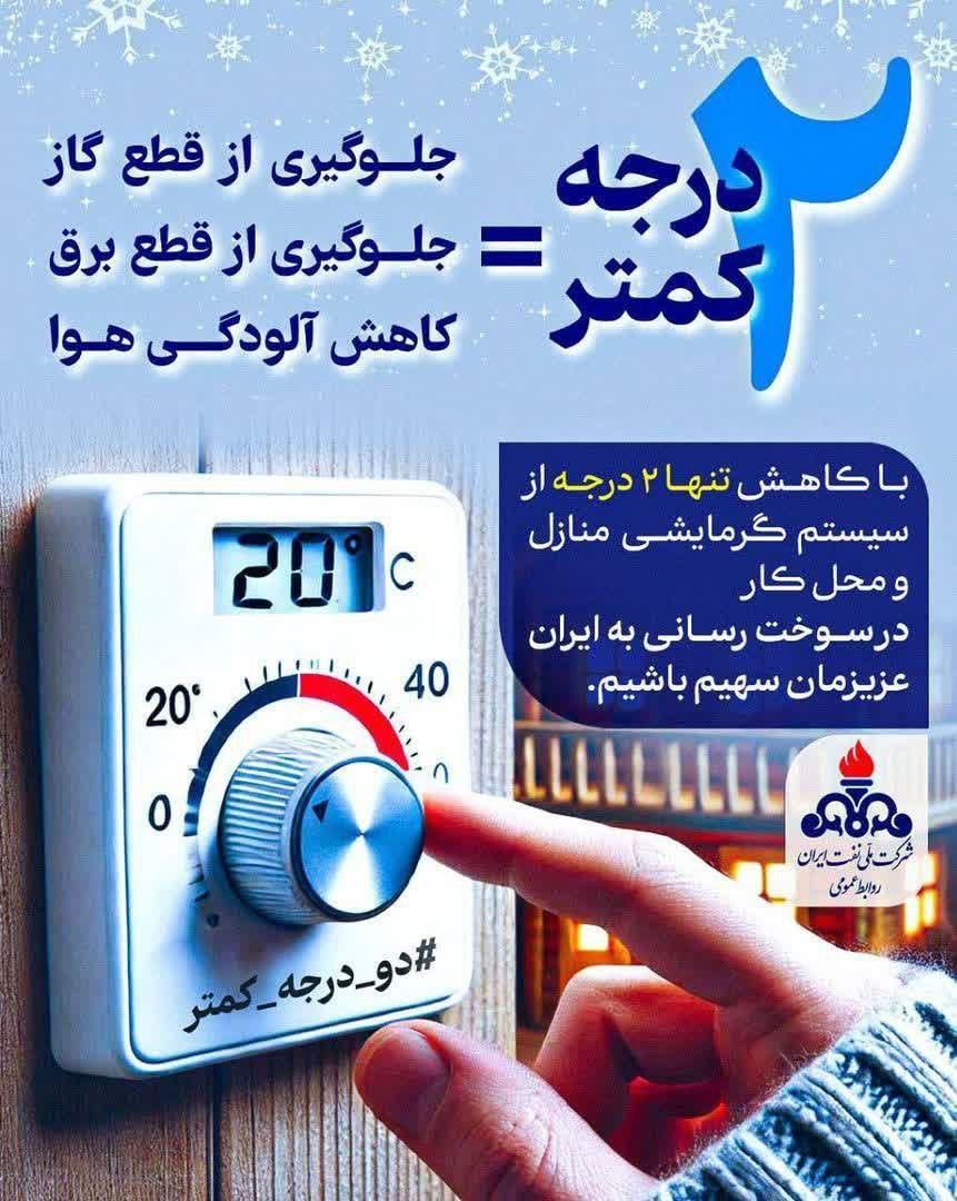 🌡دمای خانه و‌ محل کار خود را حداقل ۲ درجه کمتر کنیم.